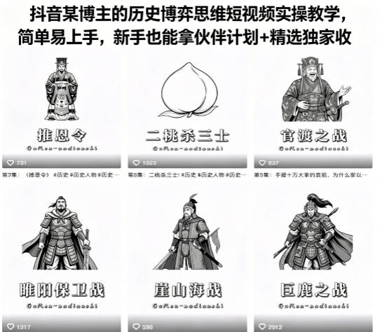 抖音某博主的历史博弈思维短视频实操教学，简单易上手，新手也能拿伙伴计划+精选独家收益-爱尚网赚