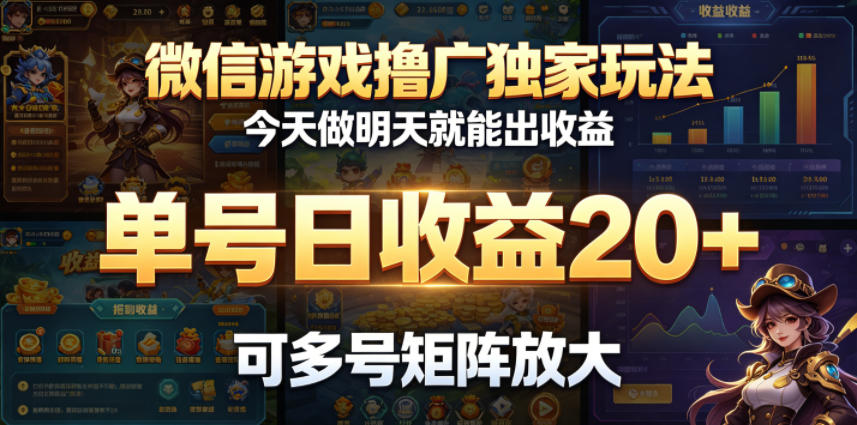 微信游戏撸广独家玩法，今天做明天就能出收益，单号日收益20+，可多号矩阵放大-爱尚网赚