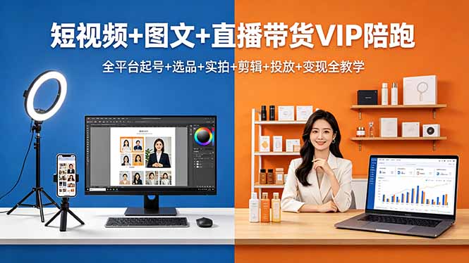 短视频+图文+直播带货VIP陪跑，全平台起号+选品+实拍+剪辑+投放+变现全教学-爱尚网赚