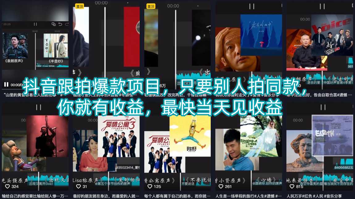 抖音跟拍爆款项目，只要别人拍同款，你就有收益，最快当天见收益-爱尚网赚