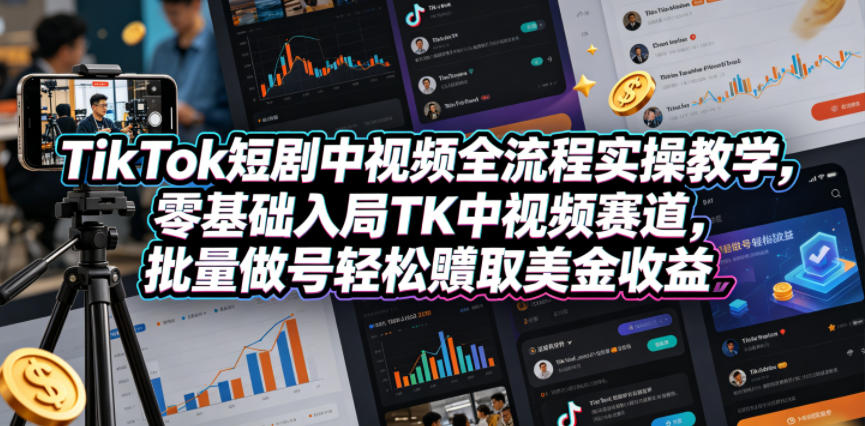 TikTok短剧中视频全流程实操教学，零基础入局TK中视频赛道，批量做号轻松賺取美金收益-爱尚网赚