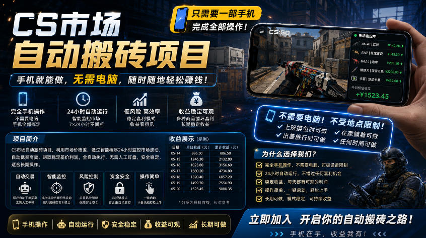 手机即可操作的CS市场自动搬砖系统｜自动监控｜自动下单|日入300+【揭秘】-爱尚网赚