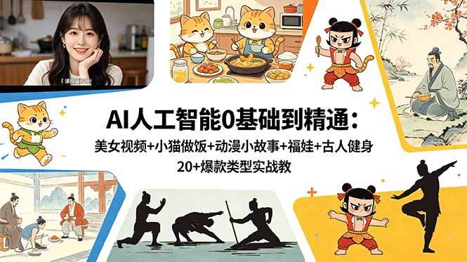 AI人工智能0基础到精通：美女视频+小猫做饭+动漫小故事+福娃+古人健身，20+爆款类型实战教学-爱尚网赚