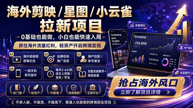 海外剪映 / 星图 / 小云雀拉新项目 普通人也能上手的跨境流量变现副业-爱尚网赚