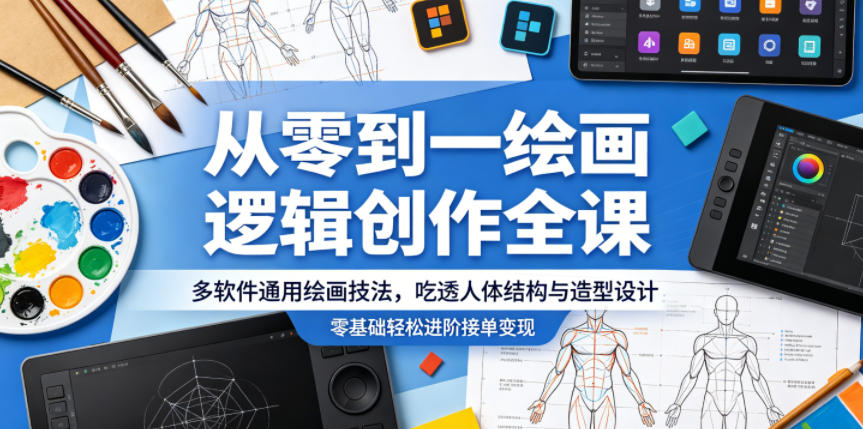 从零到一绘画逻辑创作全课，多软件通用绘画技法，吃透人体结构与造型设计，零基础轻松进阶接单变现-爱尚网赚