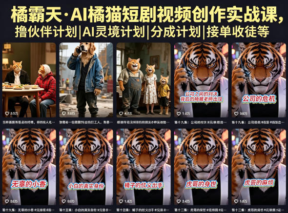 橘霸天·AI橘猫短剧视频创作实战课，撸伙伴计划|AI灵境计划|分成计划|接单收徒等-爱尚网赚