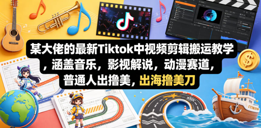 某大佬的最新Tiktok中视频剪辑搬运教学，涵盖音乐，影视解说，动漫赛道，普通人出海撸美刀-爱尚网赚