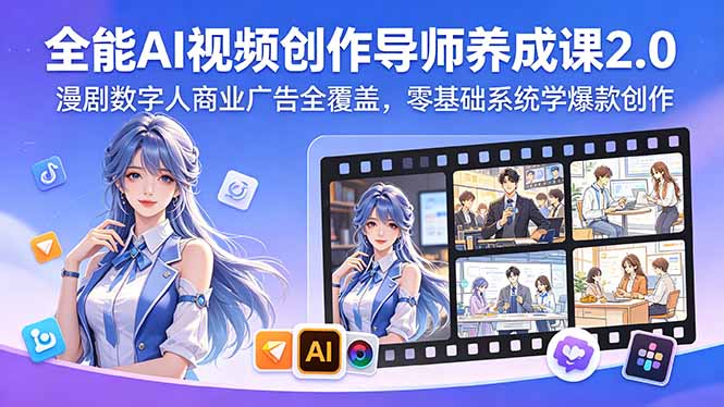 全能AI视频创作导师养成课2.0，漫剧数字人商业广告全覆盖，零基础系统学爆款创作-爱尚网赚