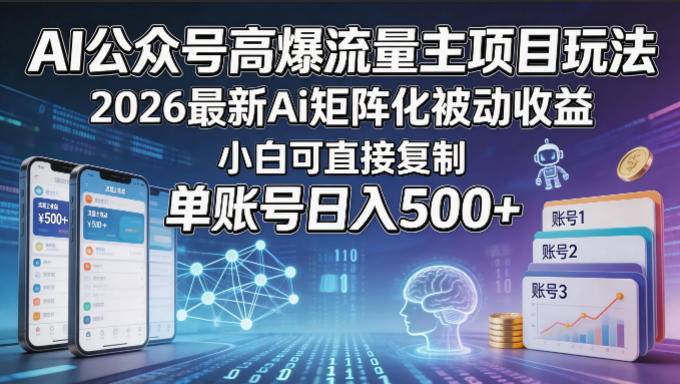 AI公众号高爆流量主项目玩法，2026最新Ai矩阵化被动收益，小白可直接复制，单账号日入500+-爱尚网赚