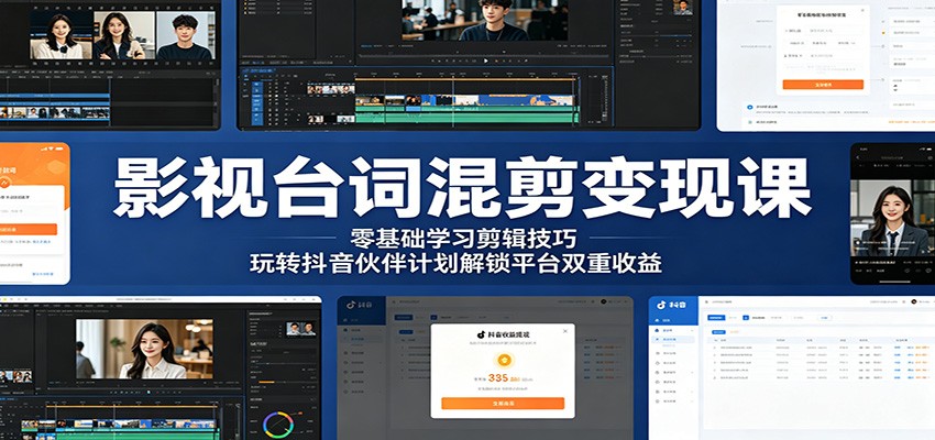 影视台词混剪变现课：零基础学习剪辑技巧，玩转抖音伙伴计划解锁平台双重收益-爱尚网赚