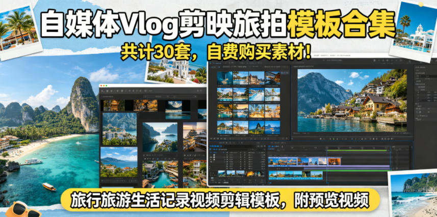 自媒体Vlog剪映旅拍模板合集，共计30套，自费购买素材！旅行旅游生活记录视频剪辑模板，附预览视频-爱尚网赚
