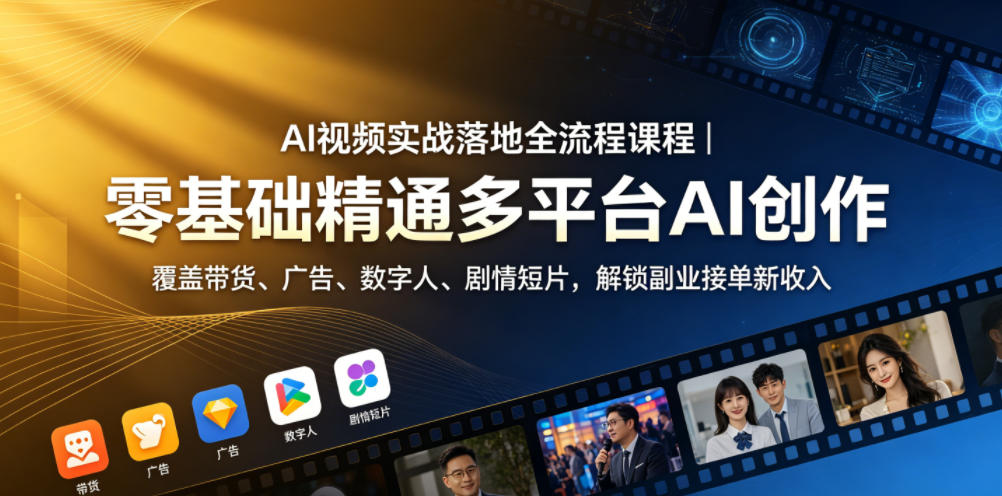 AI视频实战落地全流程课程｜零基础精通多平台AI创作，覆盖带货、广告、数字人、剧情短片，解锁副业接单新收入-爱尚网赚