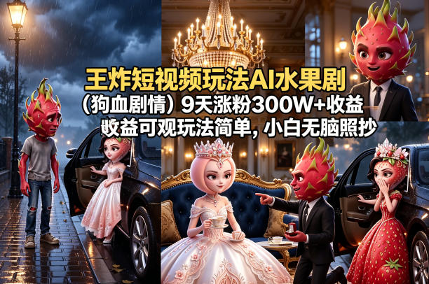 王炸短视频玩法AI水果剧(狗血剧情)9天涨粉300W+收益可观玩法简单，小白无脑照抄，详细拆解玩法-爱尚网赚
