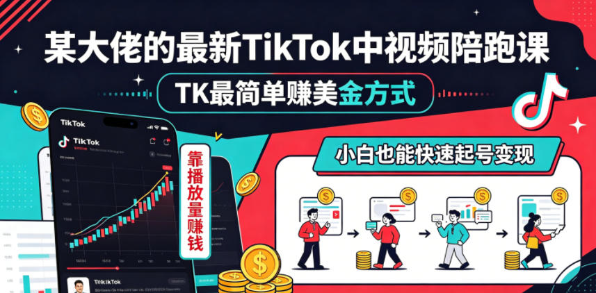 某大佬的最新TikTok中视频陪跑课，TK最简单賺美金方式，靠播放量賺钱，小白也能快速起号变现-爱尚网赚