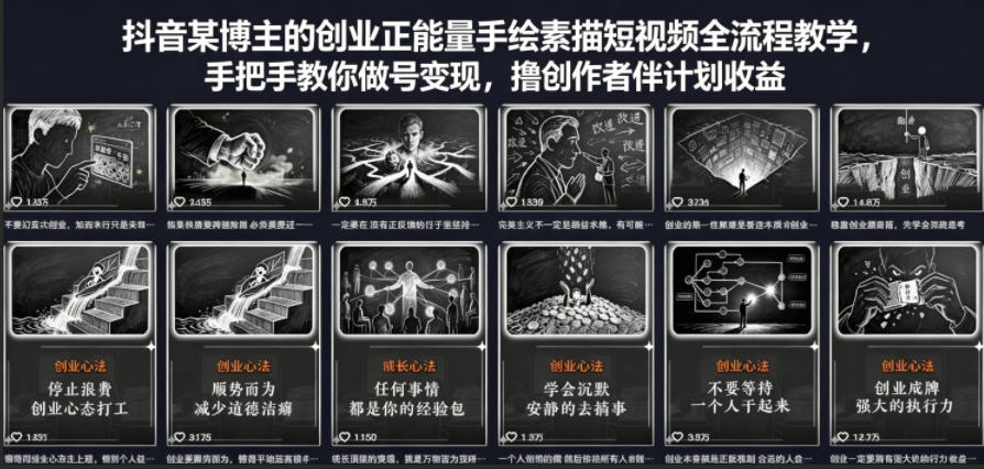 抖音某博主的创业正能量手绘素描短视频全流程教学，手把手教你做号变现，撸创作者伙伴计划收益-爱尚网赚