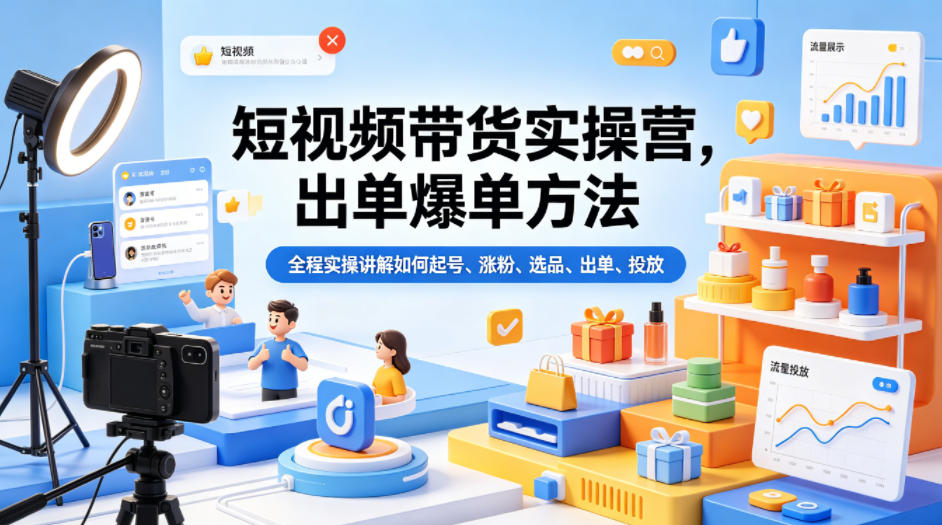 短视频带货实操营，出单爆单方法，全程实操讲解如何起号、涨粉、选品、出单、投放-爱尚网赚