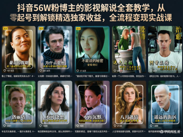 抖音56W粉博主的影视解说全套教学，从零起号到解锁精选独家收益，全流程变现实战课-爱尚网赚