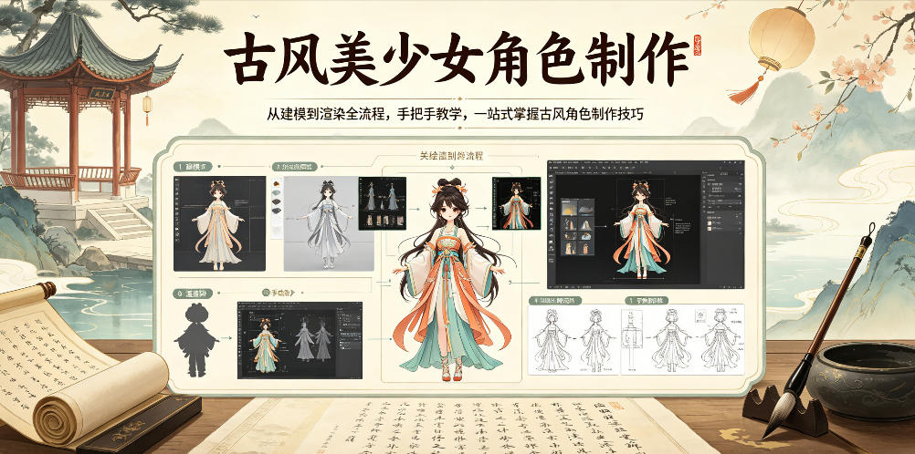 古风美少女角色制作，从建模到渲染全流程，手把手教学，一站式掌握古风角色制作技巧-爱尚网赚