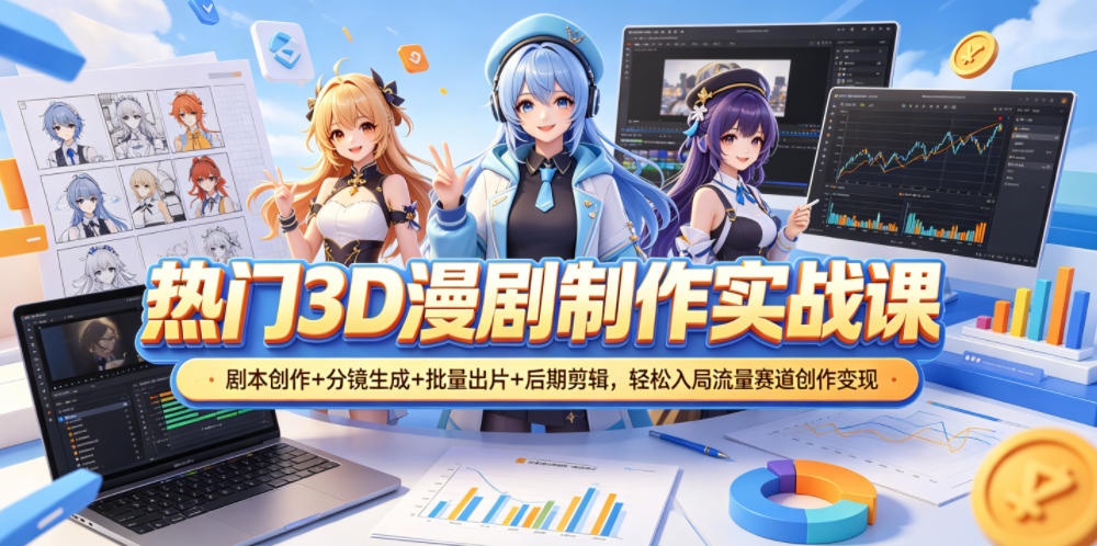热门3D漫剧制作实战课，剧本创作+分镜生成+批量出片+后期剪辑，轻松入局流量赛道创作变现-爱尚网赚