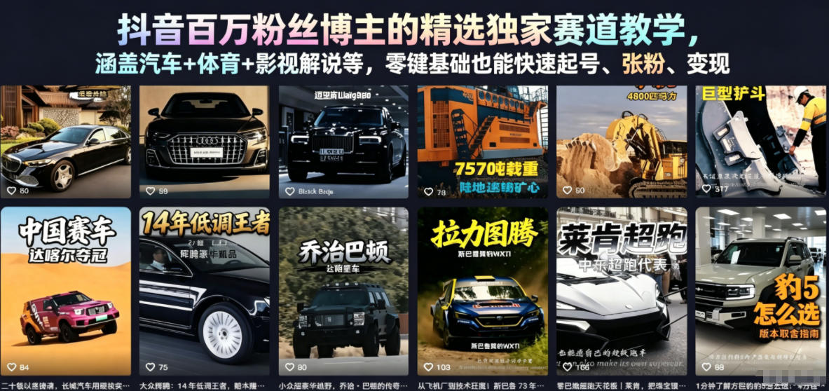 抖音百万粉丝博主的精选独家赛道教学，涵盖汽车+体育+影视解说等，零基础也能快速起号、涨粉、变现-爱尚网赚
