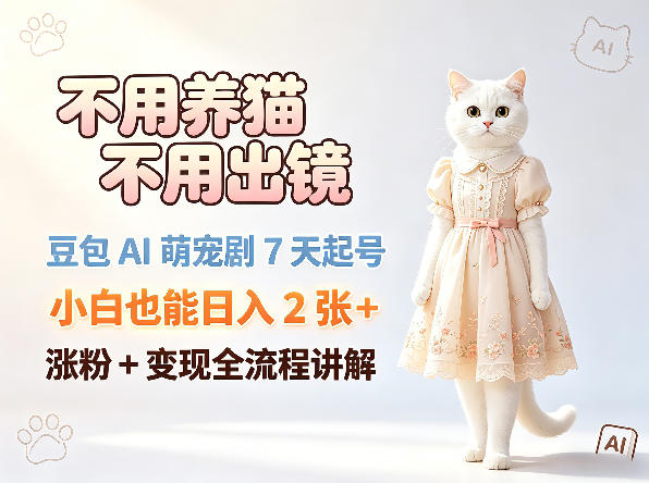 不用养猫不用出镜，豆包AI萌宠剧7天起号，小白也能日入2张+，涨粉+变现全流程讲解-爱尚网赚
