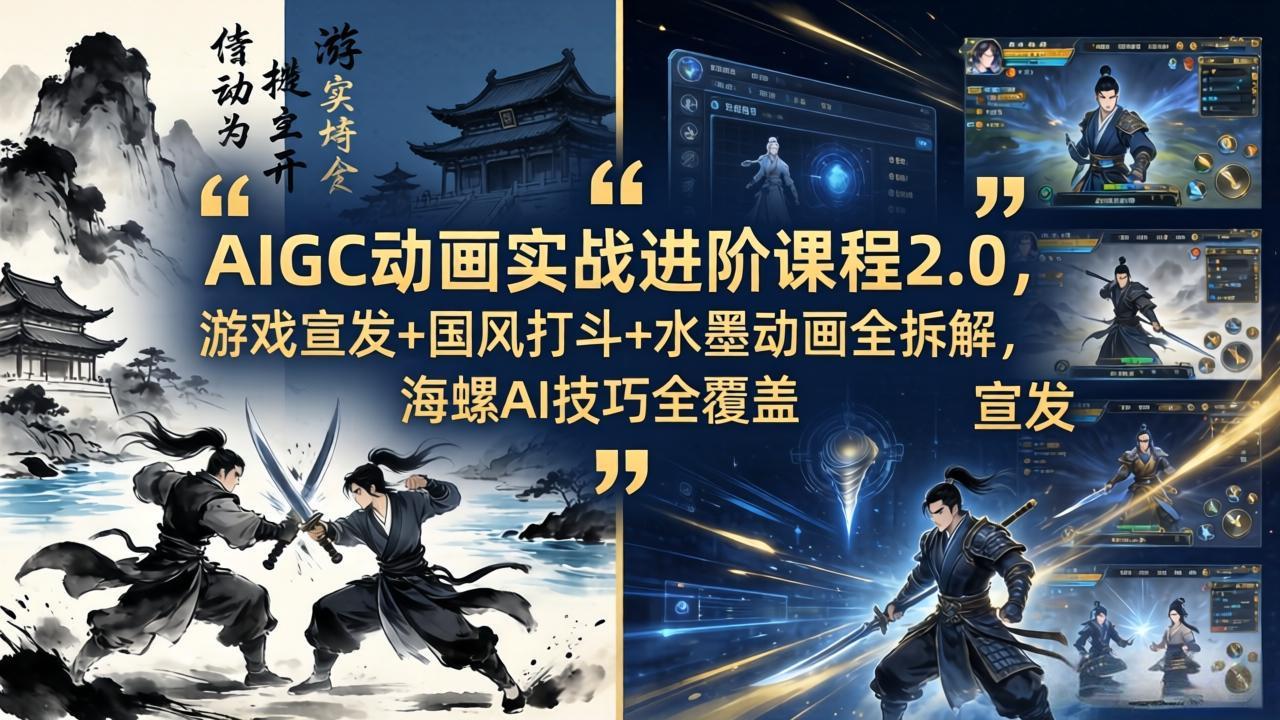 AIGC动画实战进阶课程2.0，游戏宣发+国风打斗+水墨动画全拆解，海螺AI技巧全覆盖-爱尚网赚