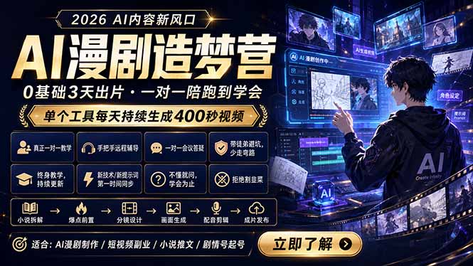 AI漫剧造梦营：0基础3天出片，单个工具每天持续生成400秒视频-爱尚网赚