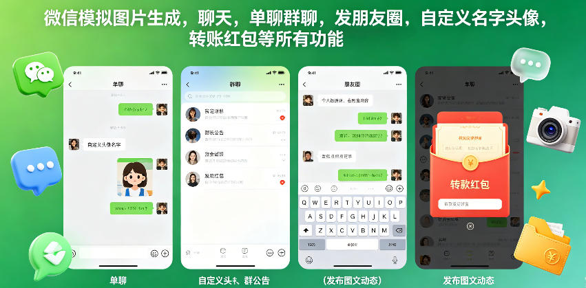 微信模拟图片生成，聊天，单聊群聊，发朋友圈，自定义名字头像，转账红包等所有功能都可以生成-爱尚网赚
