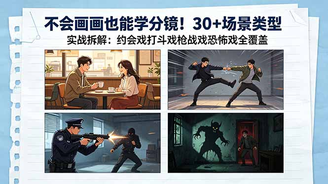 不会画画也能学分镜！30+场景类型实战拆解：约会戏打斗戏枪战戏恐怖戏全覆盖-爱尚网赚