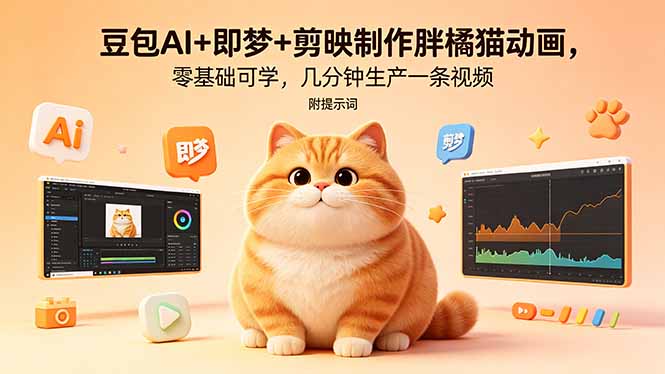 豆包AI+即梦+剪映制作胖橘猫动画，零基础可学，几分钟生产一条视频，附提示词-爱尚网赚