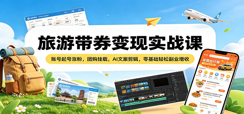 旅游带券变现实战课：账号起号涨粉，团购挂载，AI文案剪辑，零基础轻松副业增收-爱尚网赚