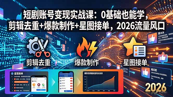 短剧账号变现实战课：0基础也能学，剪辑去重+爆款制作+星图接单，2026流量风口-爱尚网赚